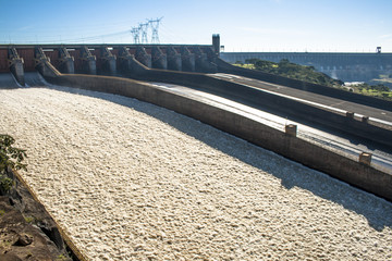 View of the Itaipu dam giant penstocks, located on river Parana on the border of Brazil and Paraguay