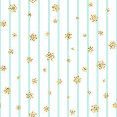 Christmas gold snowflake seamless pattern. Golden glitter snowflakes on blue white lines background. Winter snow texture design wallpaper Symbol holiday, New Year celebration. Vector illustration