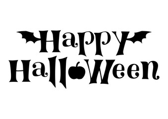 Decorative lettering of Happy Halloween in black decorated with bat wings and pumpkin isolated on white background for decoration, poster, banner, invitation, party, advertisement, greeting card