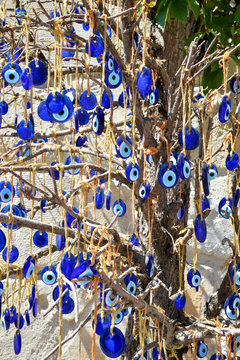Tree decorated with numerous blue evil eye amulets, symbolizing protection and cultural beliefs, creating a striking visual of tradition and spirituality.