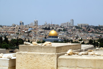 view of the old city of Jerusalem in Israel with an olive mountain. the golden dome of the Moslem...