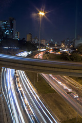 Fototapeta na wymiar View of May 23 Avenue with traffic trails at night, in Sao Paulo