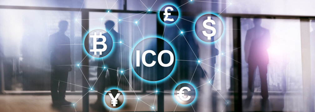 ICO - Initial coin offering, Blockchain and cryptocurrency concept on blurred business building background.