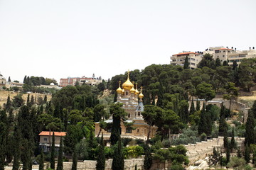 Church of St. Mary Magdalene on the Mount of Olives in Jerusalem, Israel. Golden domes of the Orthodox church