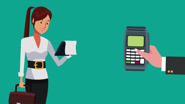 Businesswoman with clipboard and hand holding dataphone high definition animation colorful scenes