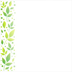White background with decorative stripe on the left side with green leaves and dots for decoration, scrapbooking paper, sheet of book or notebook, wedding invitation, greeting card, background