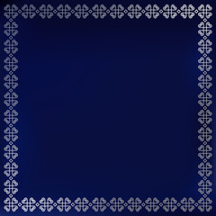 Decorative square silver ornament border or frame on blue velvet background for book cover, lettering, decoration, inscription, text, greeting card, new year, certificate, wedding, invitation