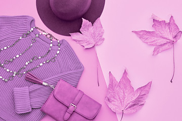 Autumn Woman Clothes Accessories Set. Fashion Knit Jumper, Trendy Handbag, Glamour Hat. Minimal Creative Flat lay. Luxury Fall Lady Outfit, Maple Leaf. Pastel Purple color.