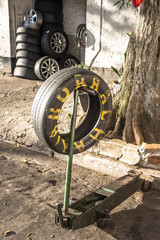 Facade of tire rapair store in Sao Paulo city, Brazil