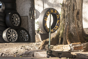 Facade of tire rapair store in Sao Paulo city, Brazil