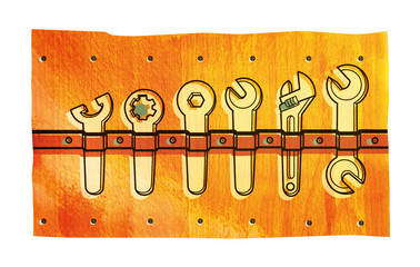 A set of various spanners and wrenches.. Illustration on a red wood texture.