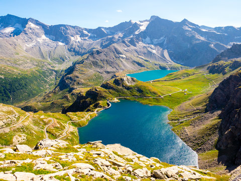 Stunning view of lakes of Gran Paradiso Park, Piedmont, seen from Col del Nivolet