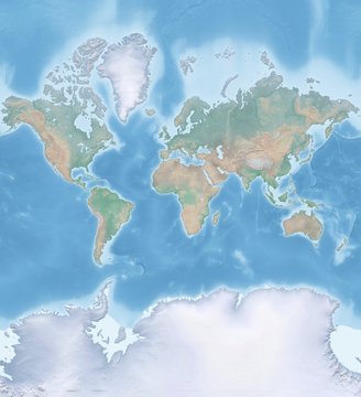 Map of the world in Mercator projection - shaded relief, the map colors gradually blend into one another across regions and from lowlands to highlands - 3D rendering