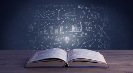 Hand-drawn financial plans and charts coming out of an open book 