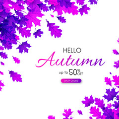 Autumn 50% sale. Promotion poster with purple leaves.