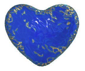 heart made in golden shining metallic 3D with blue paint isolated on white background.