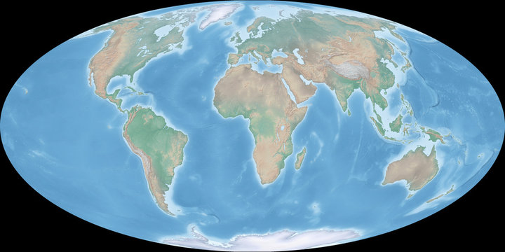 Map of the world in Mollweide projection - shaded relief, the map colors gradually blend into one another across regions and from lowlands to highlands - 3D rendering
