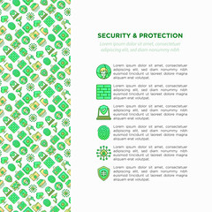 Security and protection concept with thin line icons: mobile security, fingerprint, badge, firewall, face ID, secure folder, surveillance camera, shredder. Vector illustration, print media template.