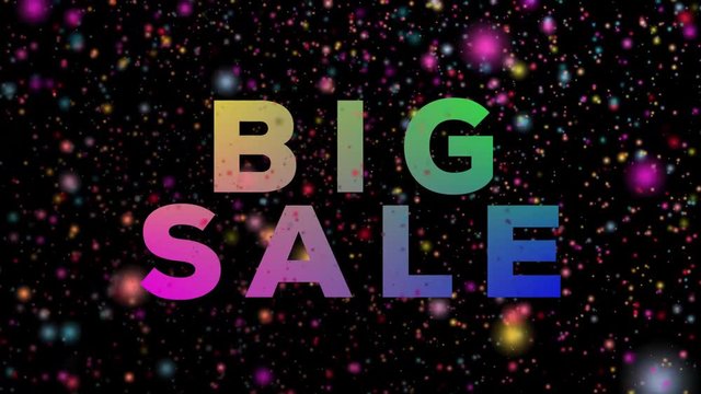 BIG SALE text with glittering snow or stars. Colorful sales animation.