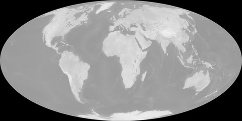 Map of the world in Mollweide projection - terrain depicted monochromatically in shades of gray. Gray Earth with Shaded Relief, Hypsography, Ocean Bottom, and Drainages - 3D rendering