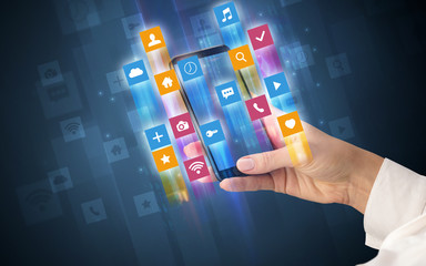 Female hand using smartphone with colorful angular fast switching application icons around