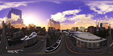 Naklejka na ściany i meble Panorama of the modern city. Environment map. HDRI . equidistant projection. Spherical panorama. landscape. 3d rendering 