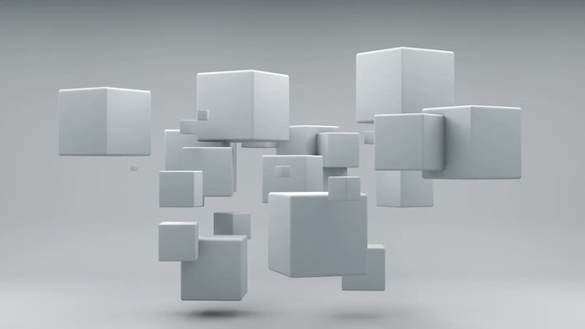 3D animation of flying white cubes of different sizes, in weightlessness.
