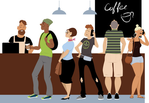 Diverse group of people standing in line to a cash register in a coffee shop, EPS 8 vector illustration