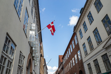 Flag of Denmark on a street in Copenhagen