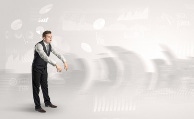 Young elegant businessman with city and report dream concept