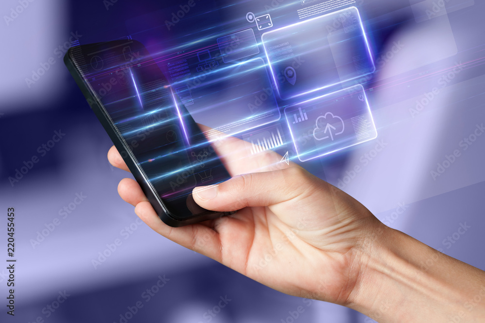 Poster hand using phone with database reports and online work concept