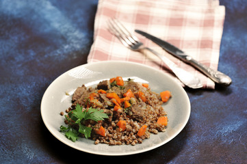buckwheat porridge with stewed meat and carrots