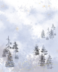 Pine Trees Mystic Landscape Template. Watercolor Textured Romantic Winter Landscape for Print, Original Design, Card, Greeting Card, Poster, and any Printable Decoration.