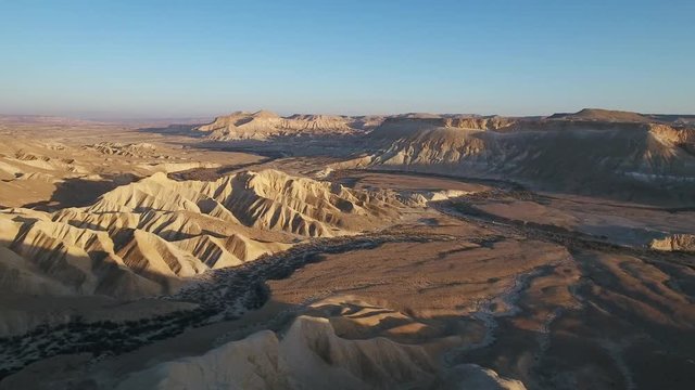 Aerial footage at Sde Boker, in Neguev desert of Israel. Dry river in the desert landscape.