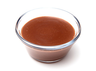 Single Bowl of Homemade Chocolate Pudding on a White Background