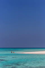 Fototapeta premium Maldives, Feb 8th 2018 - Tourists swimming in a turquoise blue sea, desert island, small traditional hut hotel on a blue sky day, paradise feeling in Maldives.