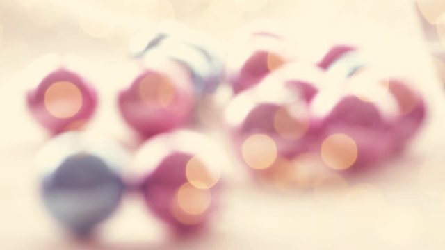 Christmas deoration balls baubles and bokeh lights background