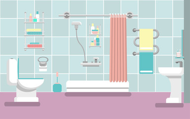 Interior of the bathroom with a shower in the style of flat. Vector illustration.