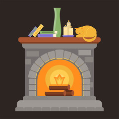 A fireplace made of gray bricks with a wooden shelf with books, candles, a vase and a sleeping cat.