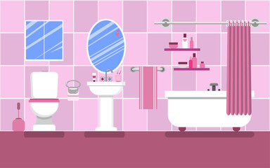 Interior of the bathroom for a glamorous girl in pink colors.