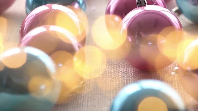 Christmas deoration balls baubles and bokeh lights background