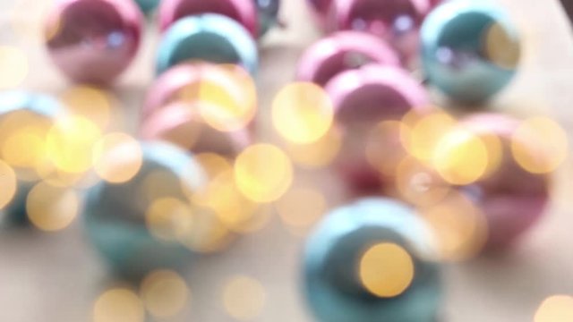 Christmas deoration balls baubles and bokeh lights background