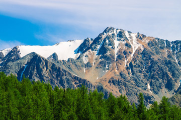 Fototapeta premium Snowy mountain top behind wooded hill under blue clear sky. Rocky ridge above coniferous forest. Atmospheric minimalistic landscape of majestic nature.