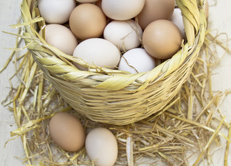 Fresh raw eggs in straw basket.