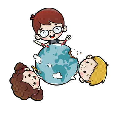 Niños comiéndose el mundo. Planeta tierra