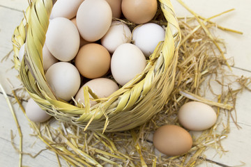 Fresh raw eggs in straw basket.