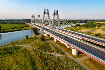 New modern double cable-stayed bridge over Vistula River in Krakow, Poland. Part of the ring...