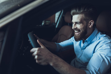Portrait of Laughing Bearded Man Driving Car