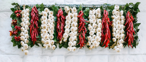 Garlic, chili pepper and laurel leaf in italian flag colors hanging on the wall