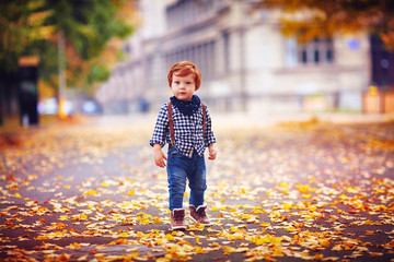 cute redhead toddler baby boy walking among fallen leaves in autumn park